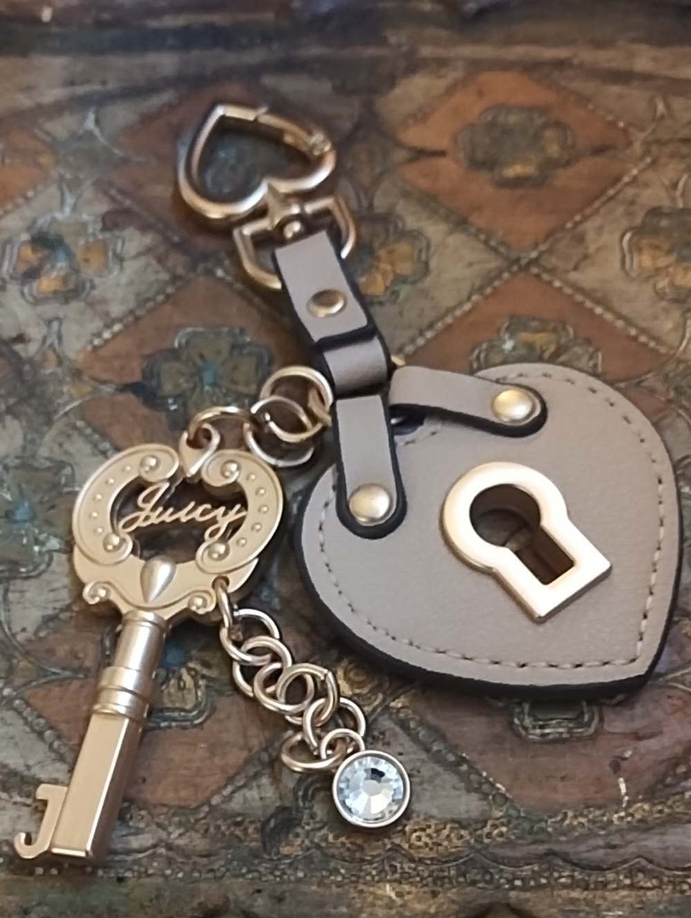Juicy Couture Taupe Heart Lock & Gold Key Charm Keychain